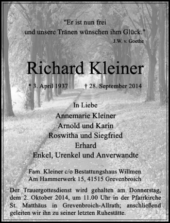 Todesanzeige von Richard Kleiner von Rheinische Post