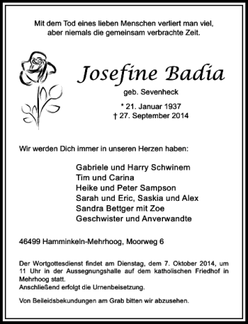 Todesanzeige von Josefine Badia von Rheinische Post