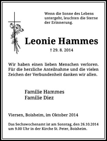 Todesanzeige von Leonie Hammes von Rheinische Post