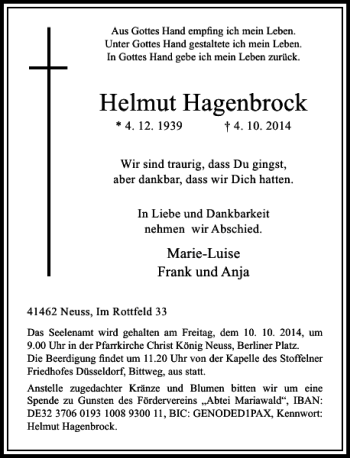 Todesanzeige von Helmut Hagenbrock von Rheinische Post