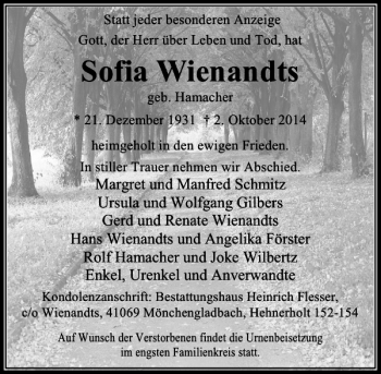 Todesanzeige von Sofia Wienandts von Rheinische Post