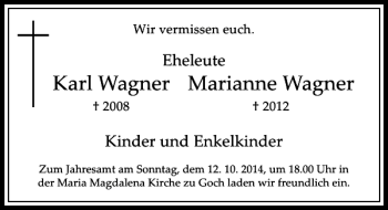 Todesanzeige von Karl Wagner Marianne Wagner von Rheinische Post