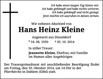 Todesanzeige von Hans Heinz Kleine von Rheinische Post