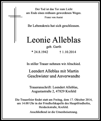 Todesanzeige von Leonie Alleblas von Rheinische Post