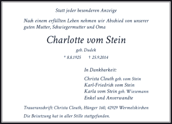 Todesanzeige von Charlotte vom Stein von Rheinische Post