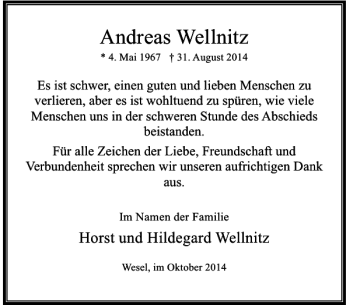 Todesanzeige von Andreas Wellnitz von Rheinische Post