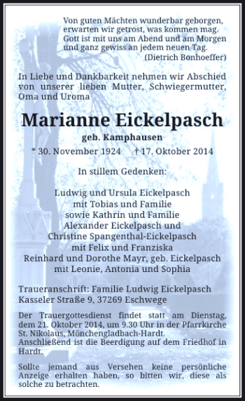 Todesanzeige von Marianne Eickelpasch von Rheinische Post