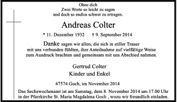 Todesanzeige von Andreas Colter von Rheinische Post
