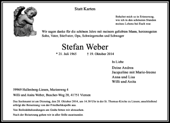 Todesanzeige von Stefan Weber von Rheinische Post