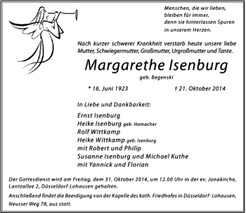Todesanzeige von Margarethe Isenburg von Rheinische Post