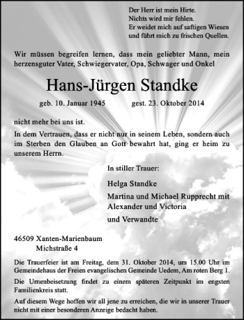 Todesanzeige von Hans-Jürgen Standke von Rheinische Post