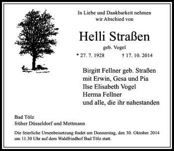 Todesanzeige von Helli Straßen von Rheinische Post