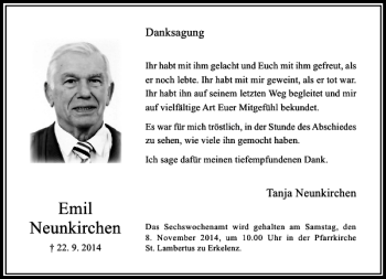 Todesanzeige von Emil Neunkirchen von Rheinische Post