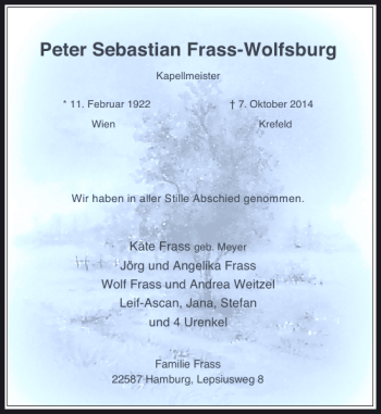 Todesanzeige von Peter Sebastian Frass-Wolfsburg von Rheinische Post