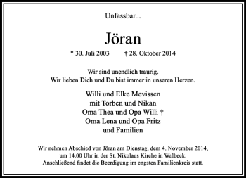 Todesanzeige von Jöran  von Rheinische Post