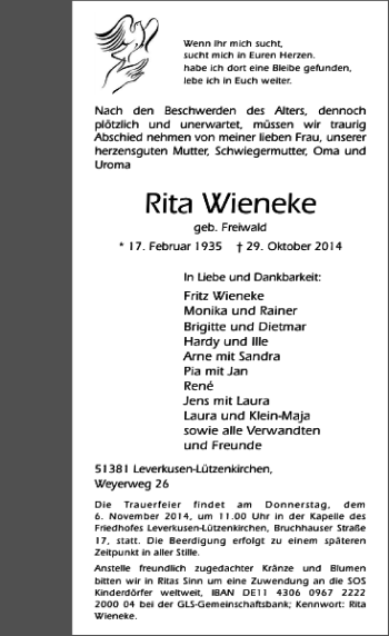 Todesanzeige von Rita Wieneke von Rheinische Post