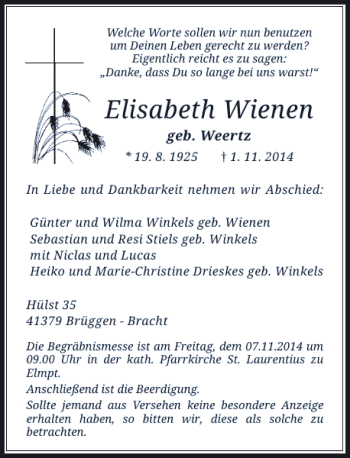 Todesanzeige von Elisabeth Wienen von Rheinische Post