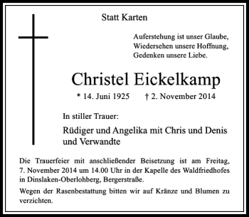 Todesanzeige von Christel Eickelkamp von Rheinische Post