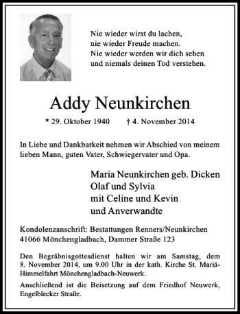 Todesanzeige von Addy Neunkirchen von Rheinische Post