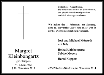 Todesanzeige von Margret Kleinbongartz geb. Küppers von Rheinische Post
