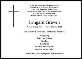 Todesanzeige von Irmgard Greven von Rheinische Post