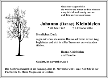 Todesanzeige von Johanna Kleinbielen von Rheinische Post