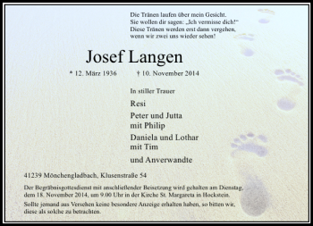 Todesanzeige von Josef Langen von Rheinische Post