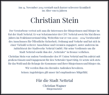 Todesanzeige von Christian Stein von Rheinische Post