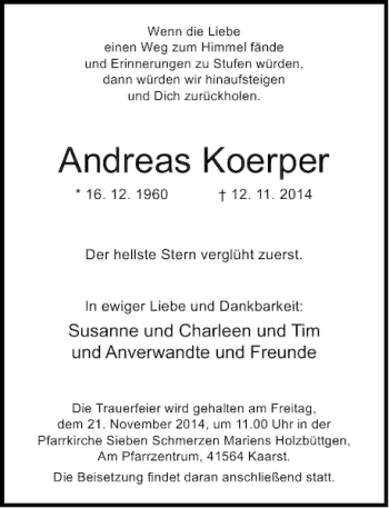 Todesanzeige von Andreas Koerper von Rheinische Post