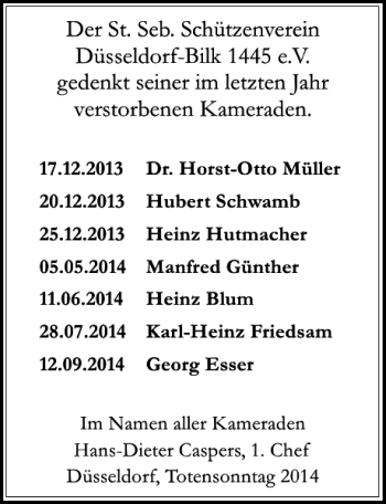 Todesanzeige von Der Der St. Seb. SchützenvereinDüsseldorf-Bilk e.V. gedenkt im von Rheinische Post
