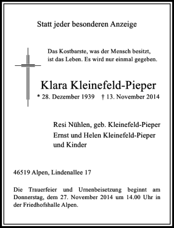 Todesanzeige von Klara Kleinefeld-Pieper von Rheinische Post