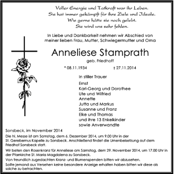 Todesanzeige von Anneliese Stamprath von Rheinische Post
