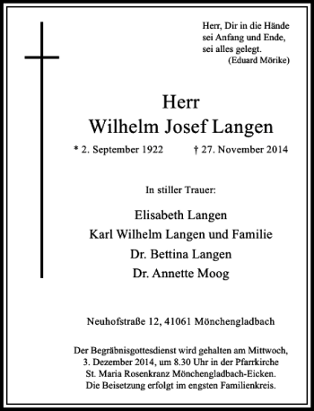 Todesanzeige von Wilhelm Josef Langen von Rheinische Post