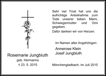 Todesanzeige von Rosemarie Jungbluth von Rheinische Post
