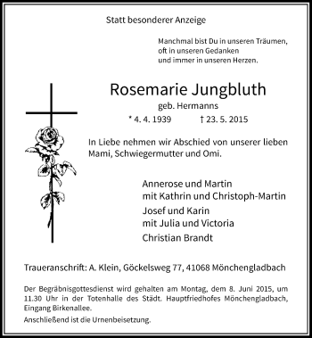 Todesanzeige von Rosemarie Jungbluth von Rheinische Post