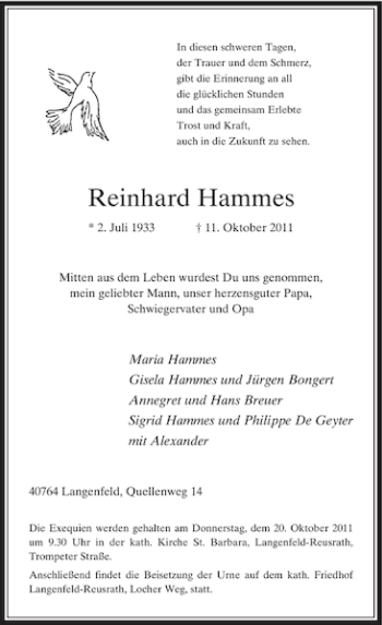 Todesanzeige von Reinhard Hammes von Rheinische Post