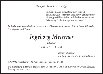 Todesanzeige von Ingeborg Meissner von Rheinische Post