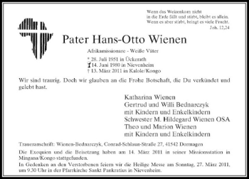Todesanzeige von Pater Hans-Otto Wienen von Rheinische Post