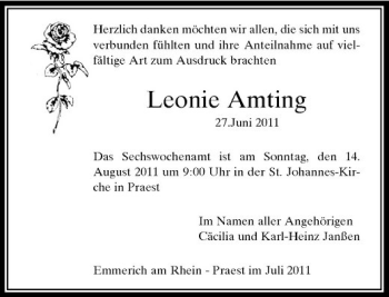 Todesanzeige von Leonie Amting von Rheinische Post