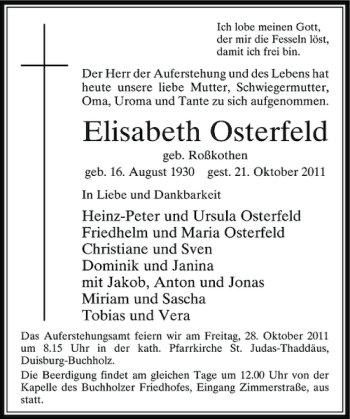 Todesanzeige von Elisabeth Osterfeld von Rheinische Post