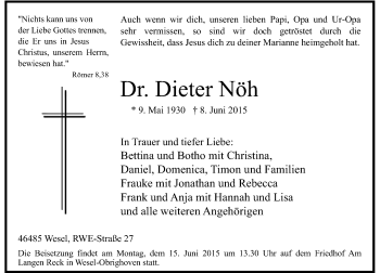 Todesanzeige von Dieter Nöh von Rheinische Post