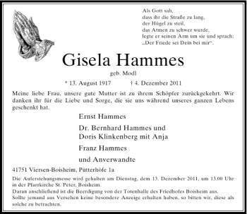 Todesanzeige von Gisela Hammes von Rheinische Post