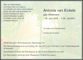 Todesanzeige von Antonia van Eickels von Rheinische Post