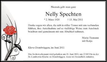 Todesanzeige von Nelly Spechten von Rheinische Post