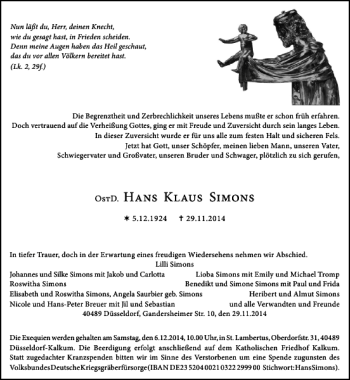 Todesanzeige von OstD. Hans Klaus Simons von Rheinische Post