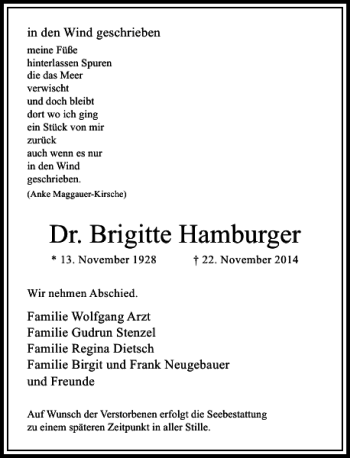 Todesanzeige von Dr. Brigitte Hamburger von Rheinische Post
