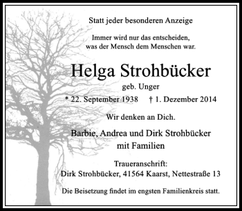 Todesanzeige von Helga Strohbücker von Rheinische Post