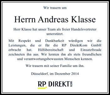Todesanzeige von Andreas Klasse von Rheinische Post