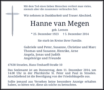 Todesanzeige von Hanne van Megen von Rheinische Post