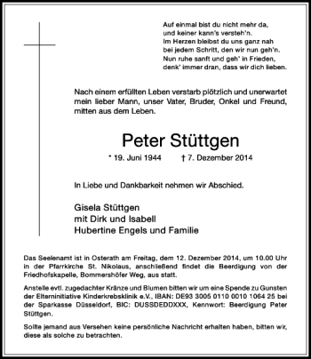 Todesanzeige von Stüttgen Peter von Rheinische Post
